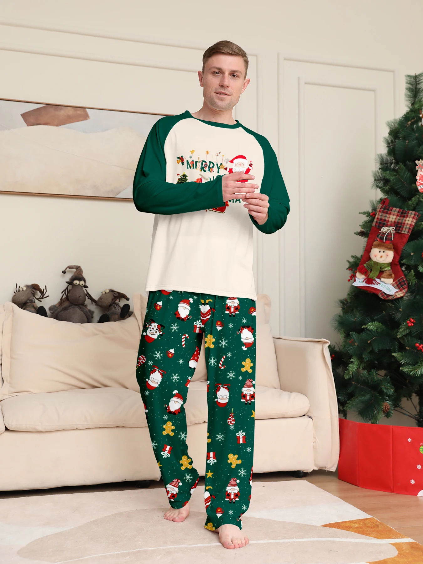 Merry Christmas Couple Pajamas - Raglan Sleeve Merry Ho Christmas Print Festive Pattern Pants Set 251106