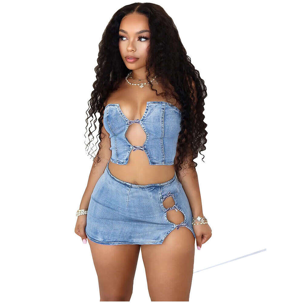 Women's Wear Women's Wear Women's Summer New Fashionable Sexy Drawstring Wrapped Chest Top With Slit And Hip Hugging Short Skirt