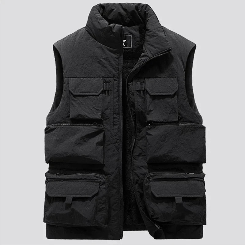 Fashion Men Cargo Vest Winter Thick Fleece Warm Sleeveless Sport Jacket Solid Color Tactical Coat Men Pockets Work Waistcoat 251105