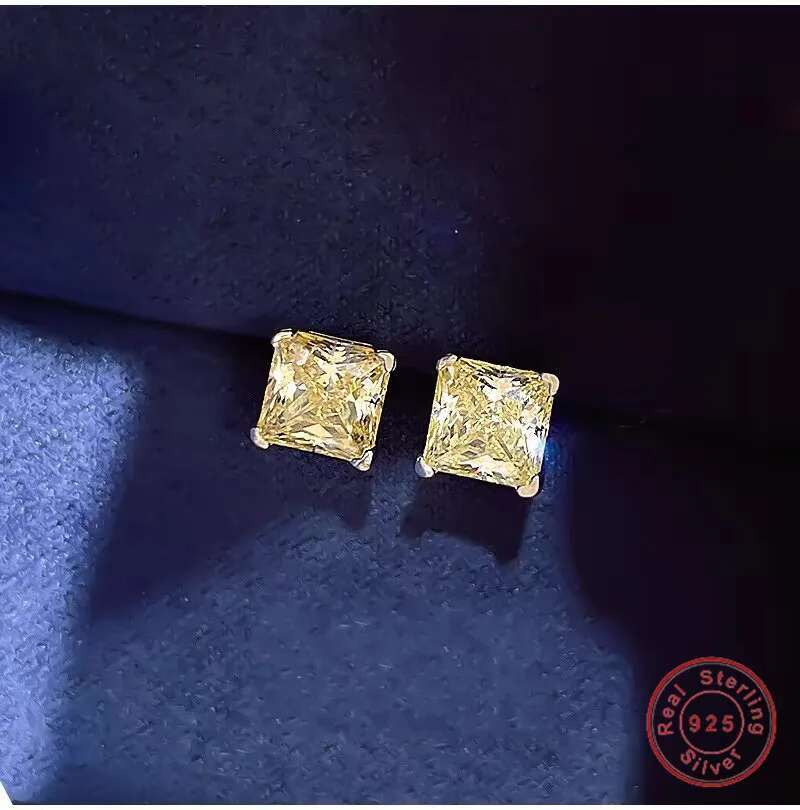 Gorgeous Simple Fine Jewelry Genuine 100% S925 Sterling Silver Princess Cut Yellow Lab Moissanite Diamond Women Stud Earring