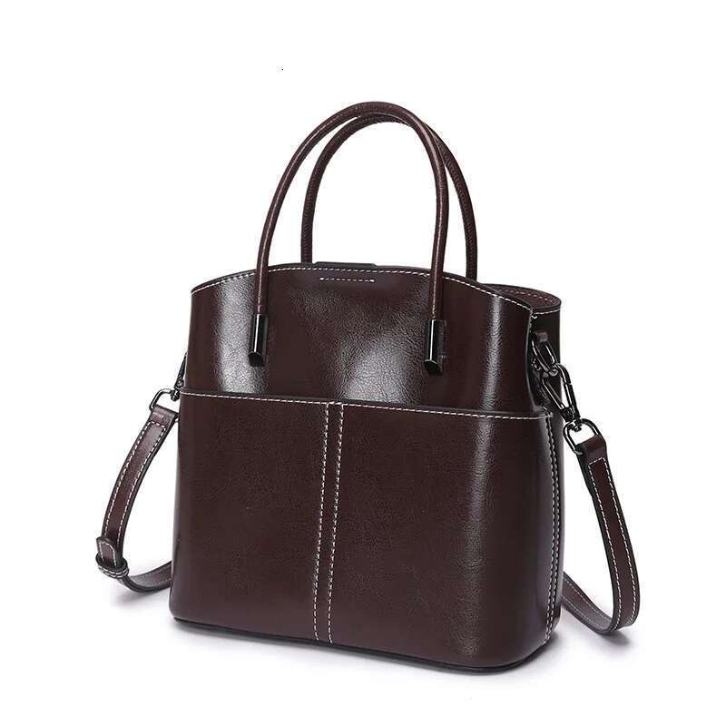2024 Exquisite And Fashionable Versatile Oil Wax Cowhide Bucket Women's Leisure Minimalist Handheld Shoulder Crossbody Bag