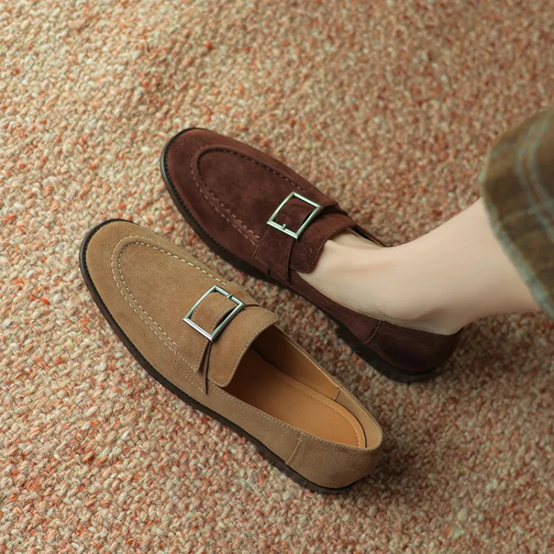 Blapunka Soft Suede Women Loafers Punk Metal Buckle Decoration Round Toe Slip-on Flats Rabbit Fur Inside Loafer Shoe 41 251110