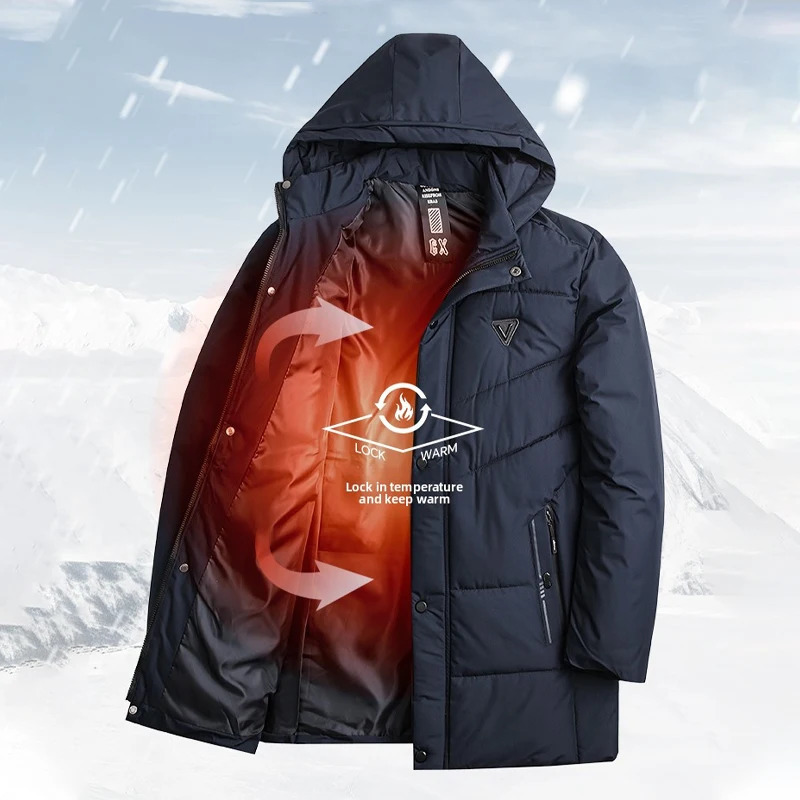 Men Winter Parkas Hooded Thick Warm Jackets Mid-Length Outerwear Fashion Casual Puffer Jacket Solid Blue Black Quilted Coat 251106