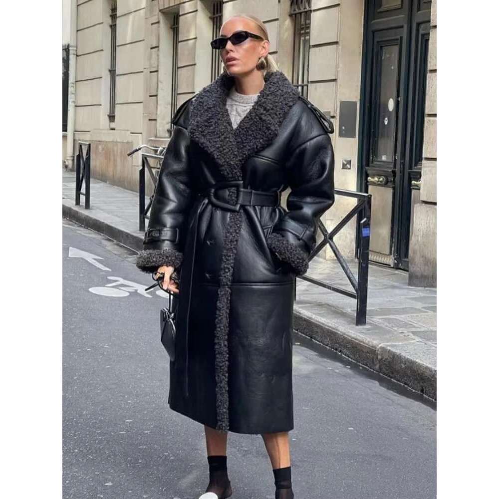 Faux Fur Leather Jacket Women Lapel Long Sleeve Belt Thicken Female Coats 2024 Winter Fashion Street Patchwork Lady Outwear