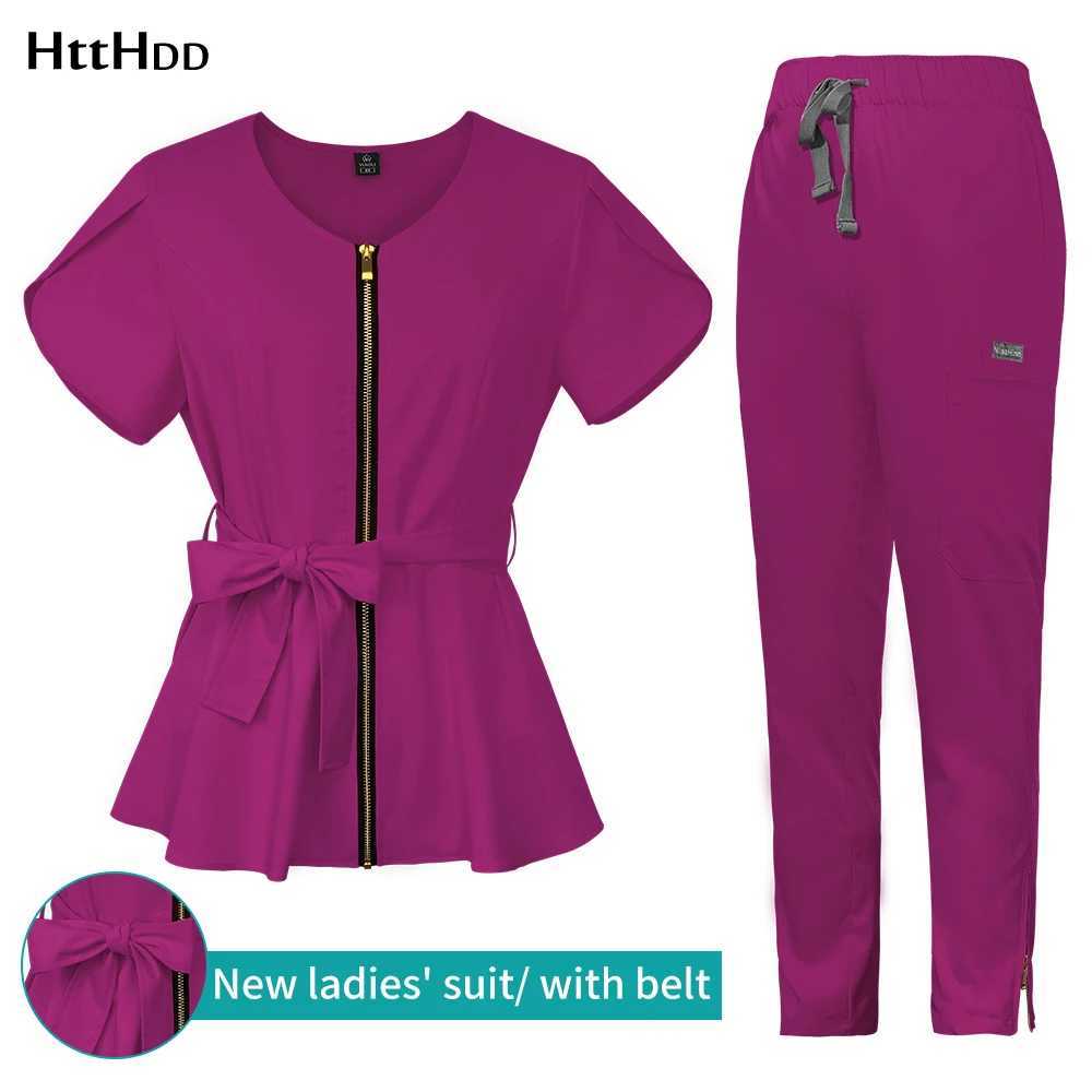 price Hospital detergent set womens pet clinic uniform solid color detergent set surgical gown with multiple pockets and belt X250410
