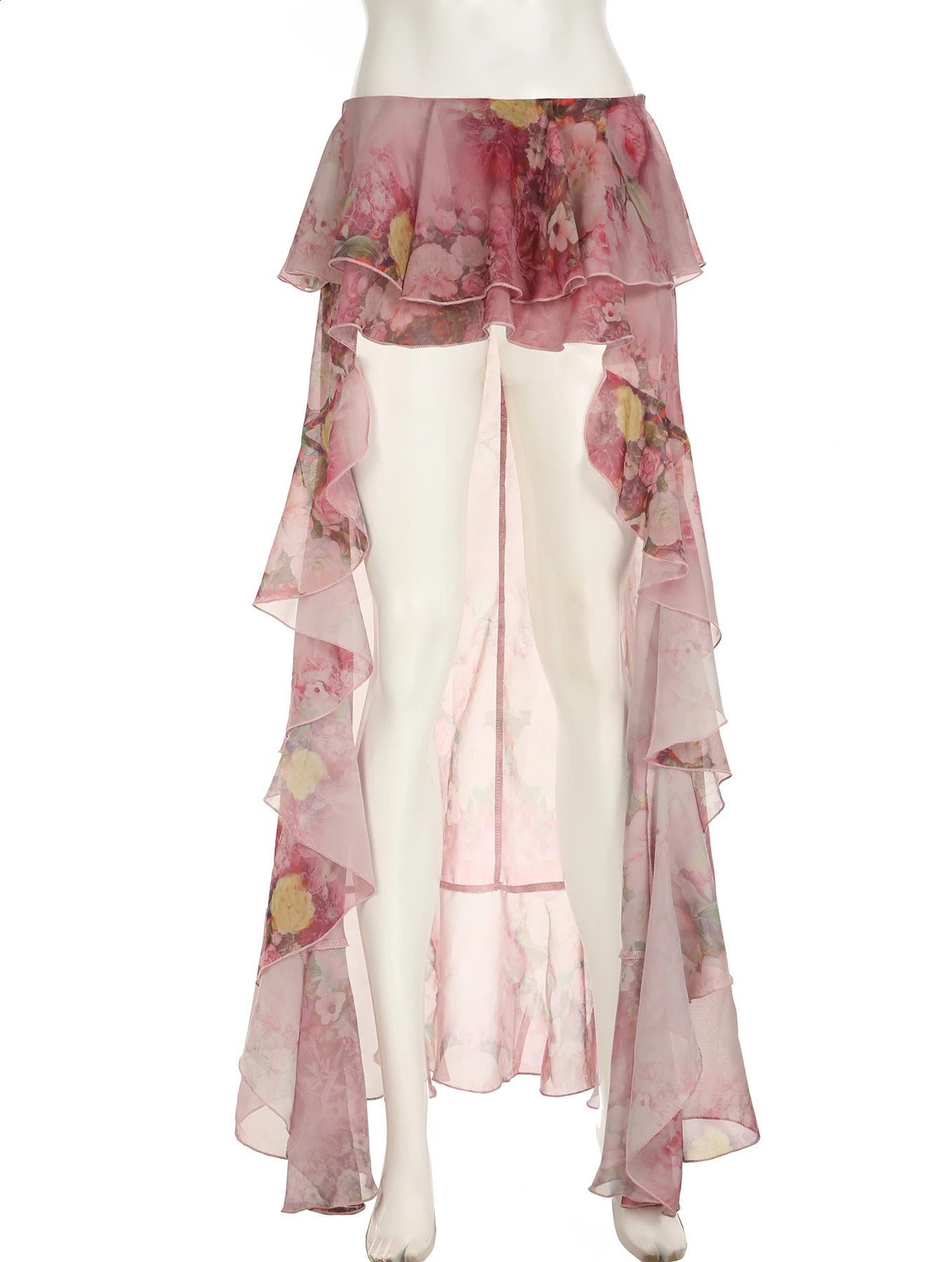 Rockmore Holiday Flower Printed Ruffle Half Body Skirt Low Waist Y2K Aesthetic Lace Skirt Harajuku Grunge Fairycore Clothing 250408