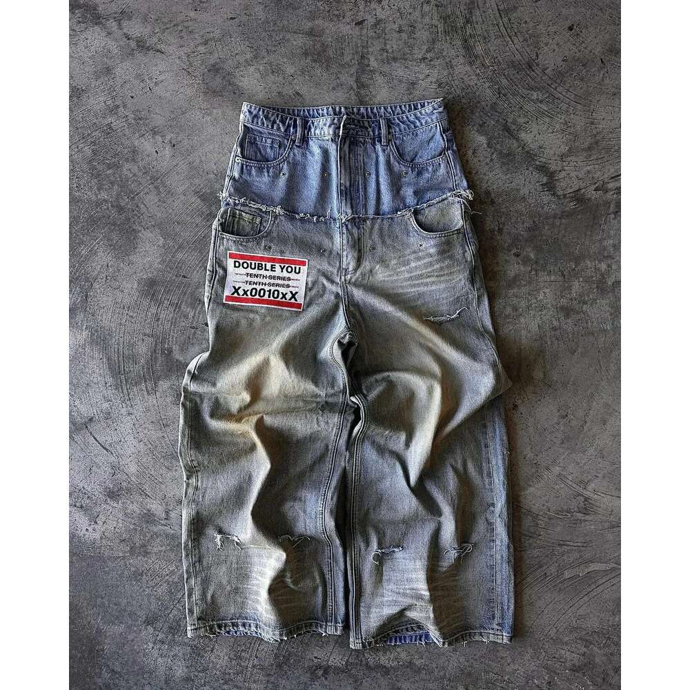 Street hip hop letter-print jeans Men y2k Goth punk Haruku ripped wide Retro loose straight leg double waisted pants