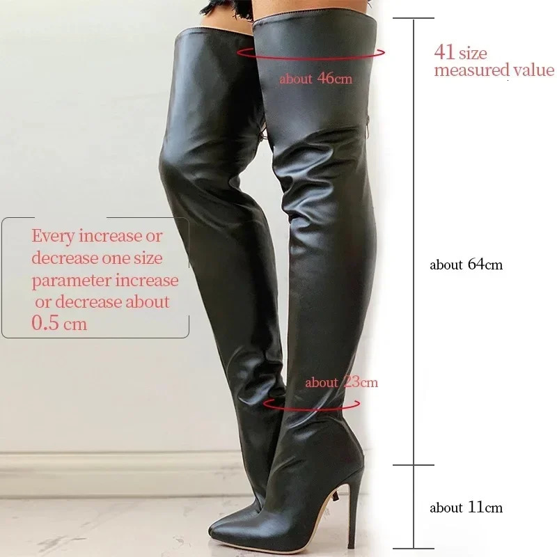 Plus Size 34-46 Women Boots Sexy Thigh High Boots Stretch PU Leather Over-the-knee Heeled Boots Black Red Autumn Winter Shoes 251110