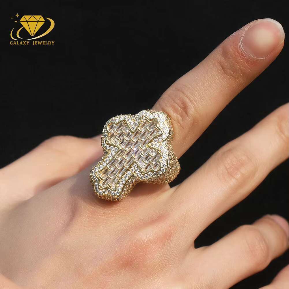 Fashion Jewelry Moissanite Hip Hop Ring Vvs Moissanite Rings 925 Silver Iced Out Baguette Flower Bud Moissanite Cross Ring