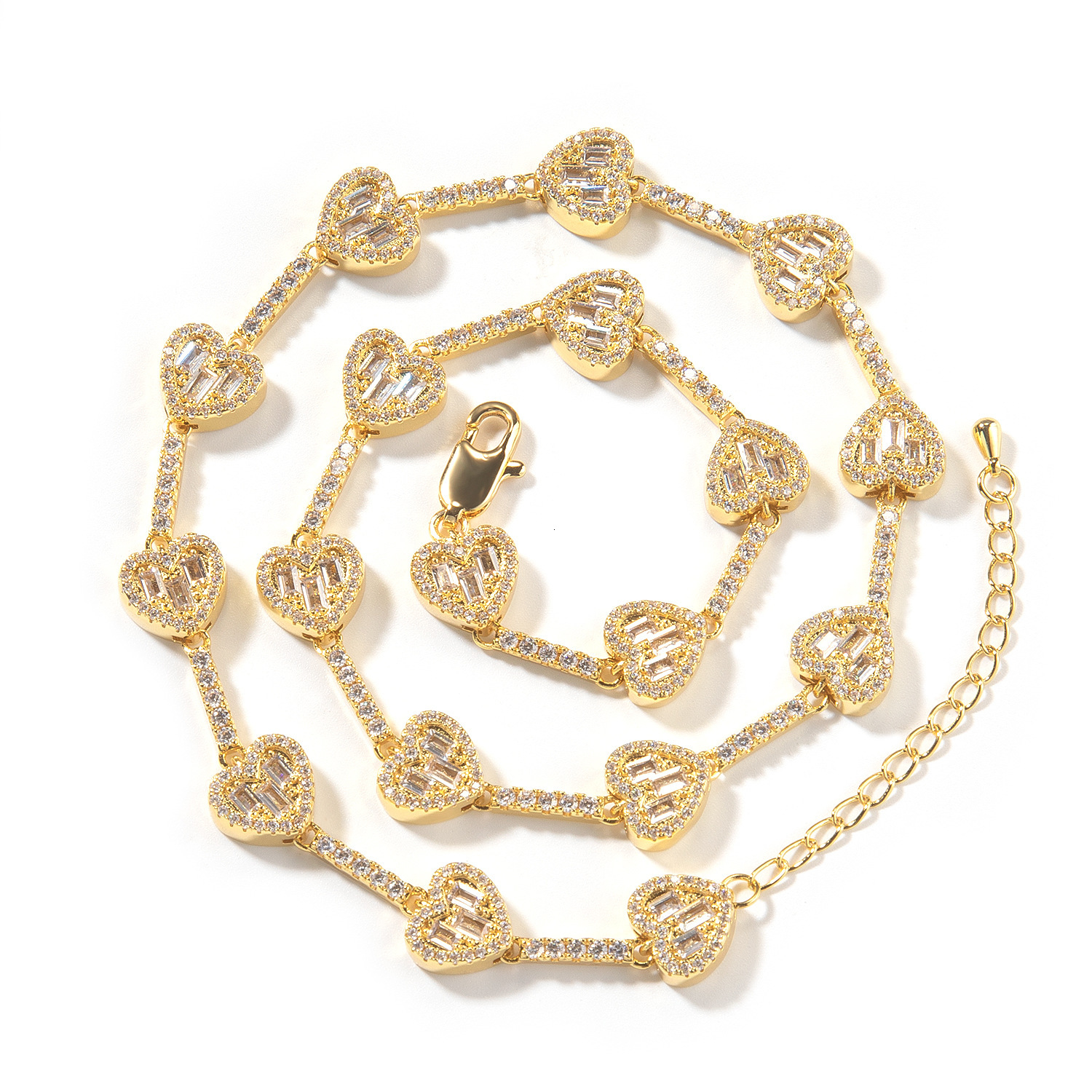 Hip Hop Love Heart Shaped Charms Tennis Chain Necklace Bracelet 14k Gold Plated Copper Prong Bling Baguette Cubic Zircon Luxury Fine Quality Party Rap