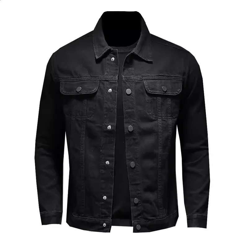 High quality fashionable handsome trend black button multi pocket solid color denim jacket mens 250401