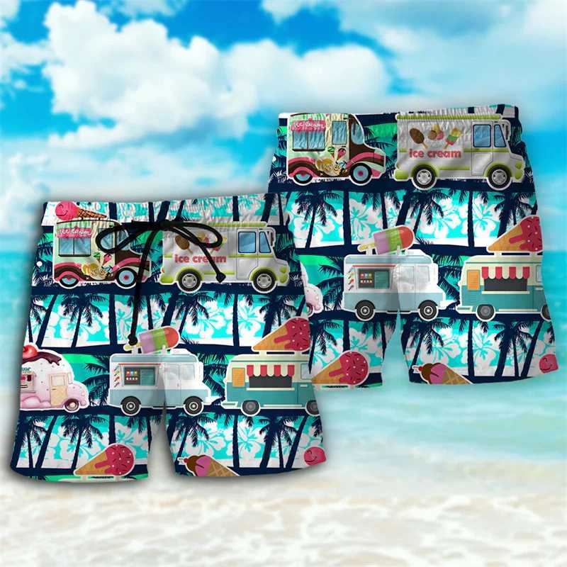 Mens loose beach shorts funny bus 3D printing Hawaiian shorts Harajuku street clothing luggage mens clothing fashionable childrens swimming trunkW2504