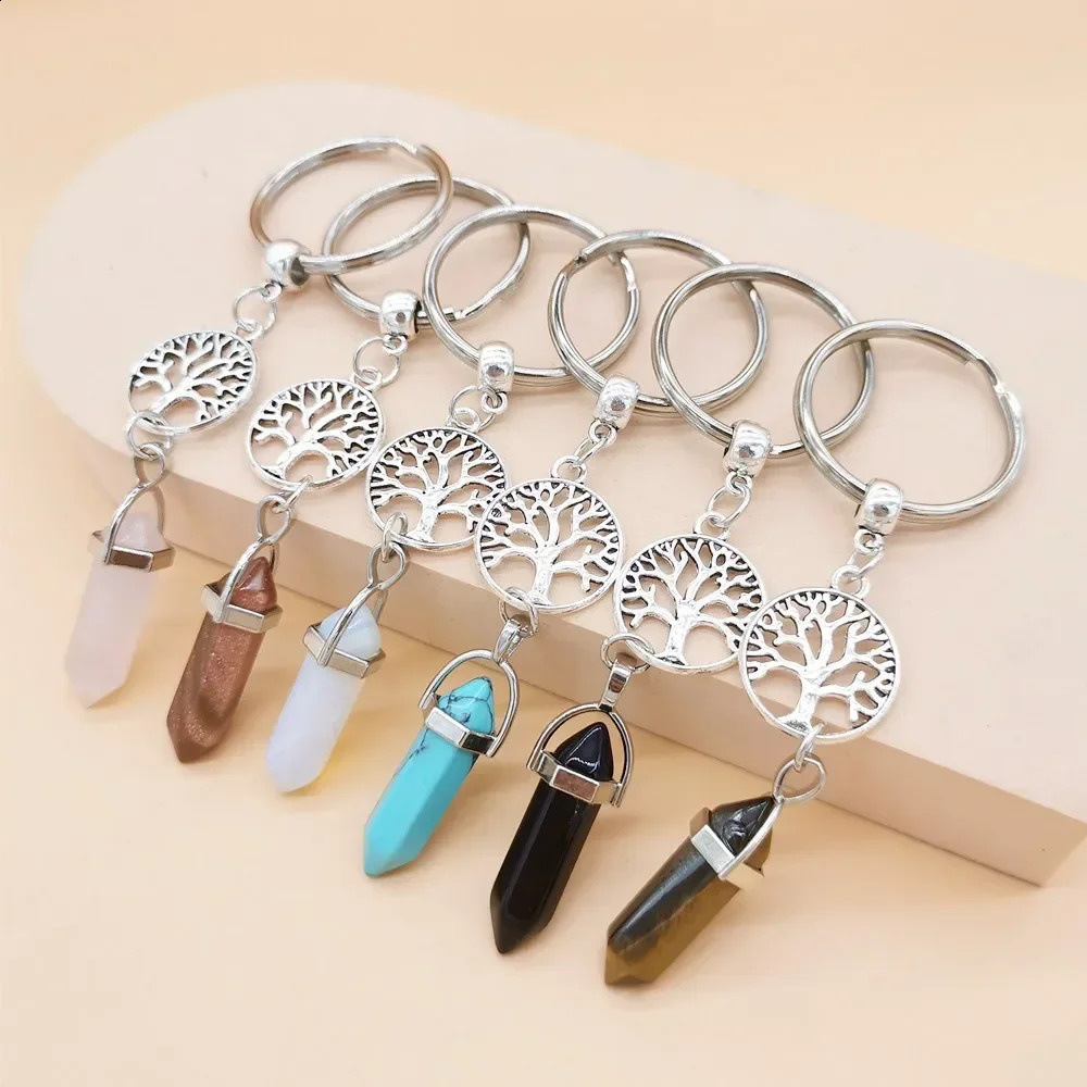 10 pieces of colorful natural stone keychains hexagonal prism life tree keychains womens handbags car keyholders keychains jewelry 250409