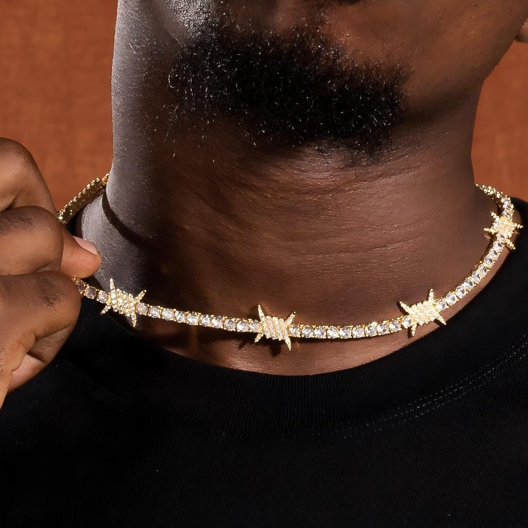 Hip Hop Full Bling Cz Stones Barbed Wire Thorn Tennis Necklace For Men 14k Gold Plated Copper Prong Iced Out Cubic Zircon Party Rapper Jewelry Accesso