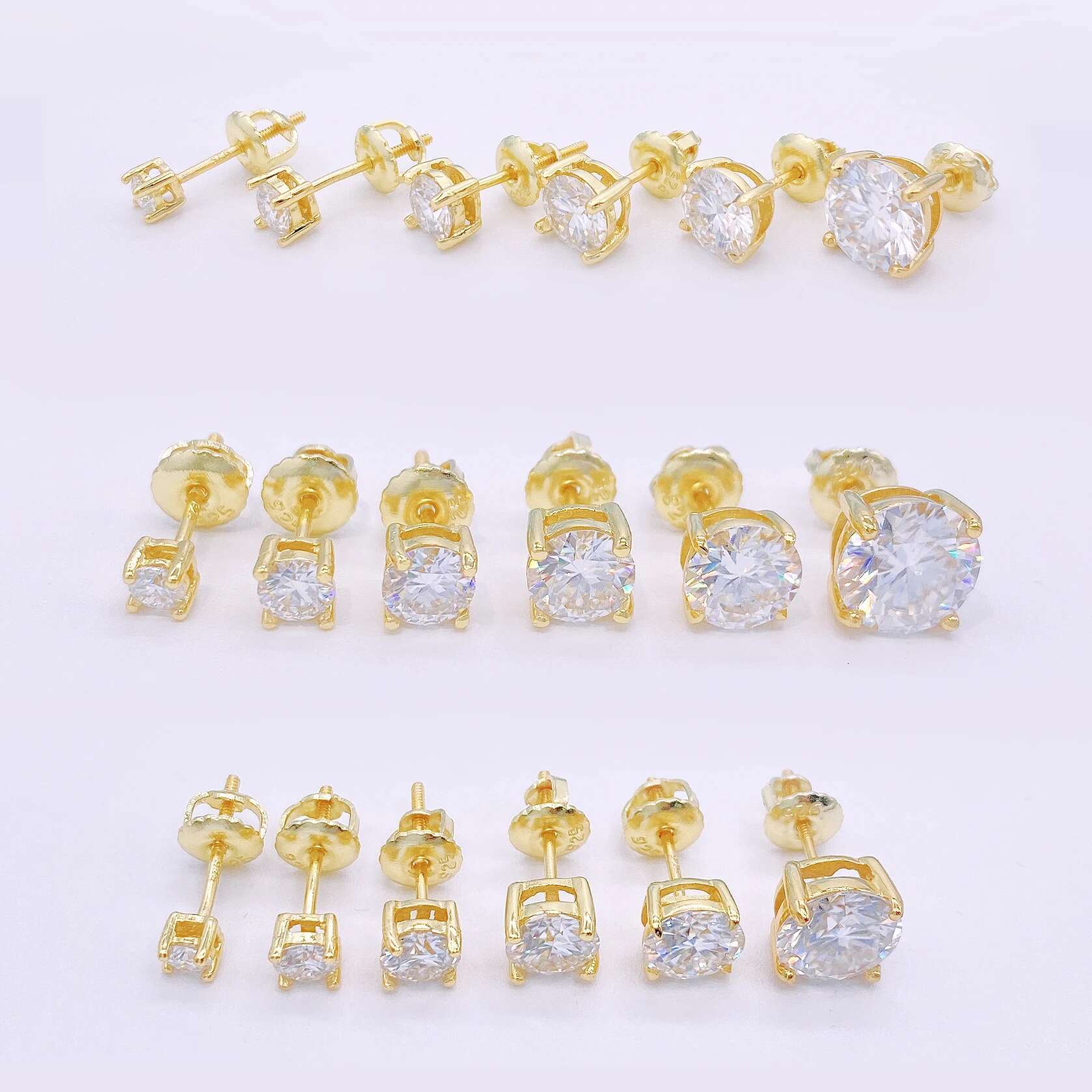 Hiphop 4 Prong Round Moissanite Earrings Screw Back 0.2-10ct D Color VVS1 Moissanite Diamond Ear Studs 14k Gold Plated Pass Test