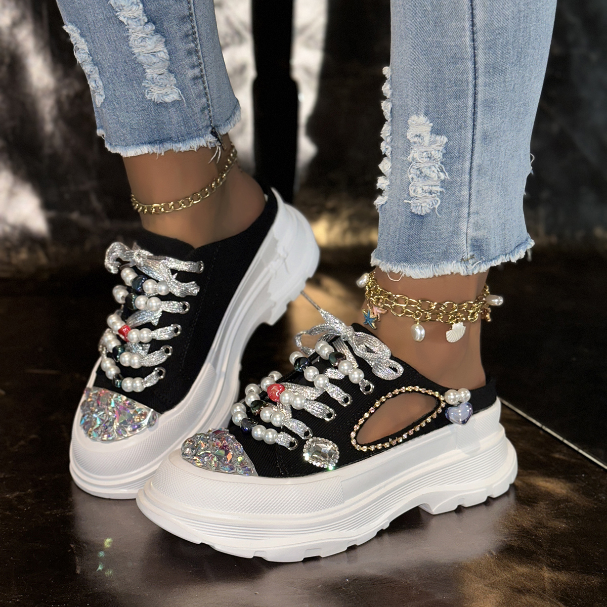 Sparkling Pearl Women's Canvas Shoes Casual Sports Shoes Women's Fashion Luxury Casual Shoes Lace up Sports Slippers Designer Outdoor Beach 