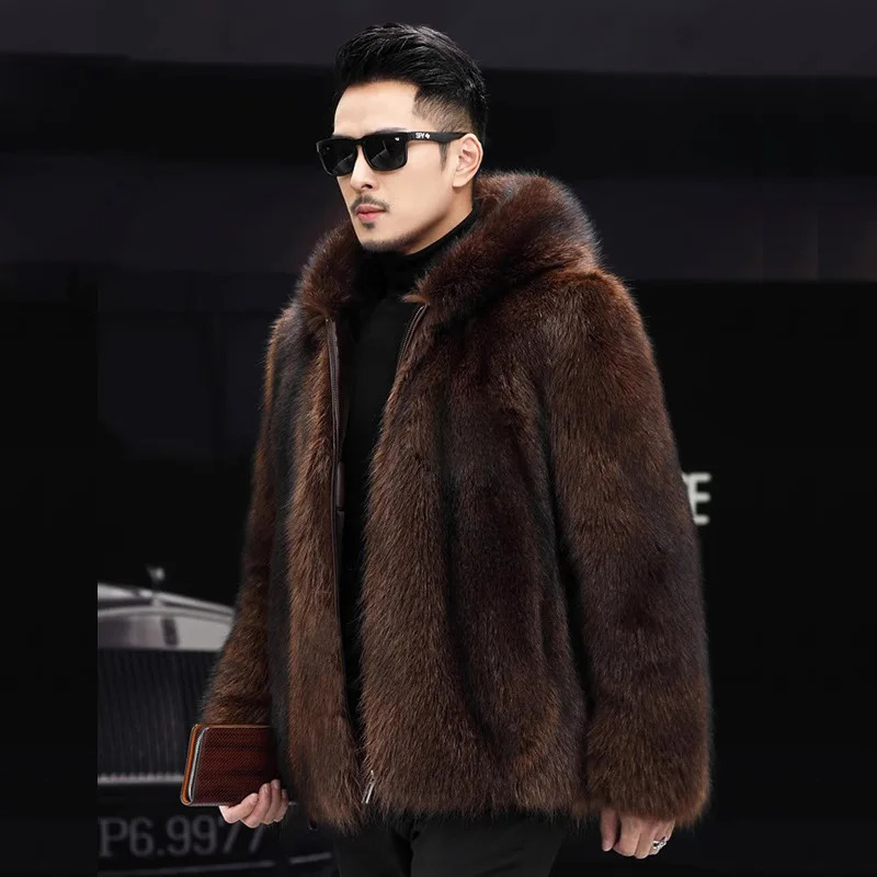 S-6XL Size Fashion Men Jacket Warm Hooded Faux Fox Fur Mink Mens Winter Coat Brown Outdoor Sports Wear Casual Short Parkas 251105