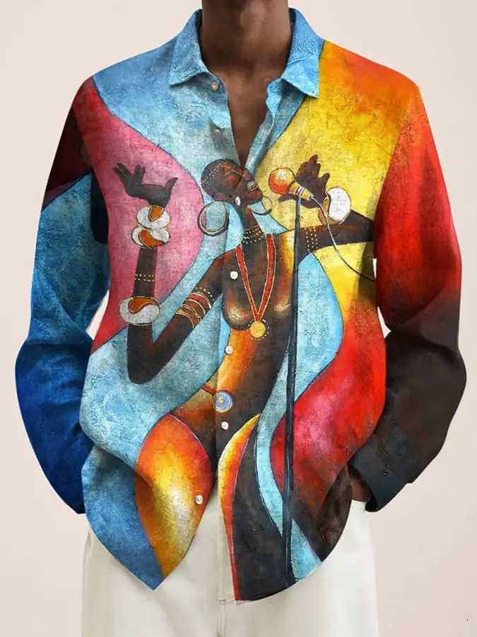 2024 New Mens 3D Art Painting Fashion Print Single Breasted Long Sleeve Shirt Casual Shirt Mens Loose Lapel Long Sleeve K251110