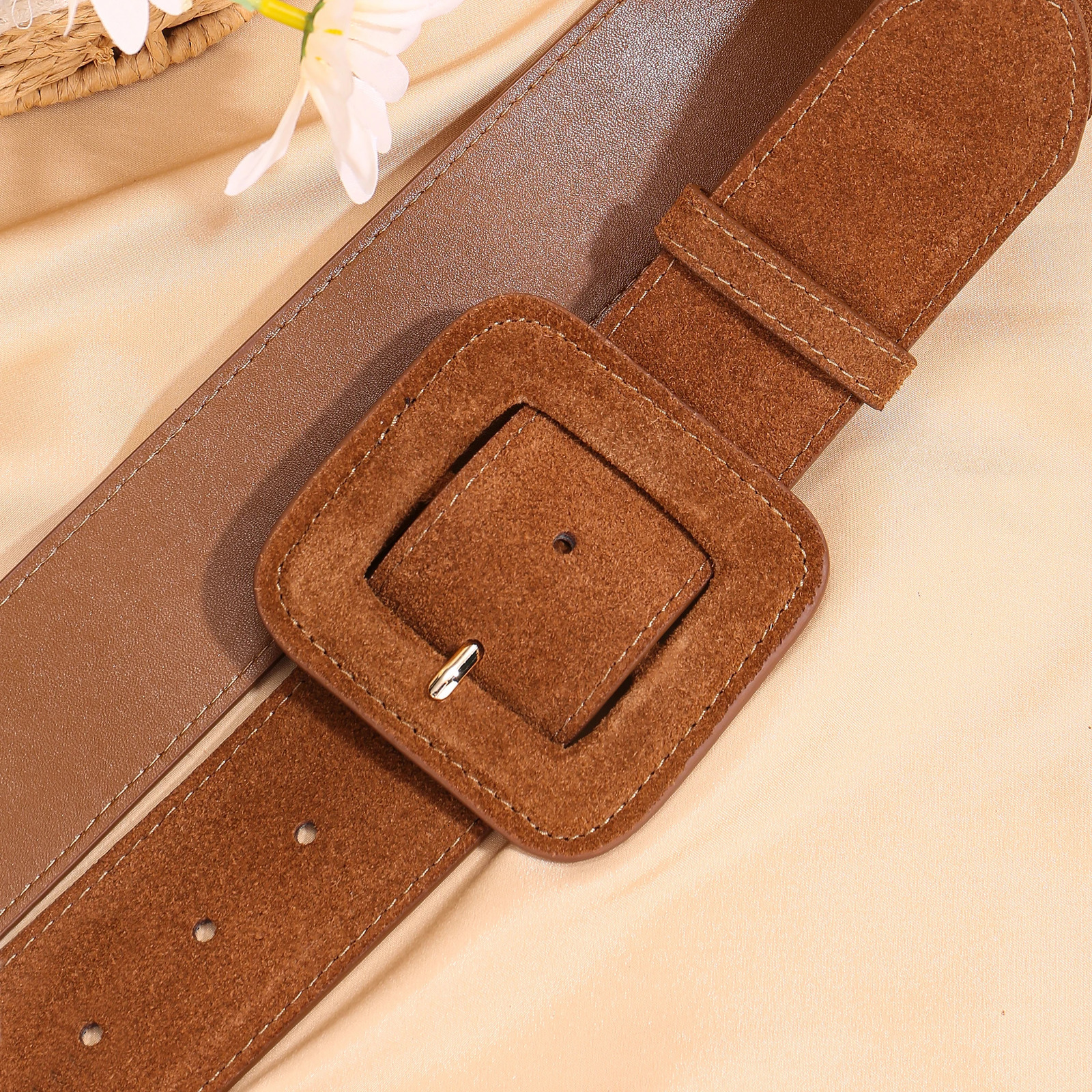 Fashion 48 width womens belt cowhide Suede Stitched Edge Self-Covered Buckle Belt suitable for coat decoration 251110