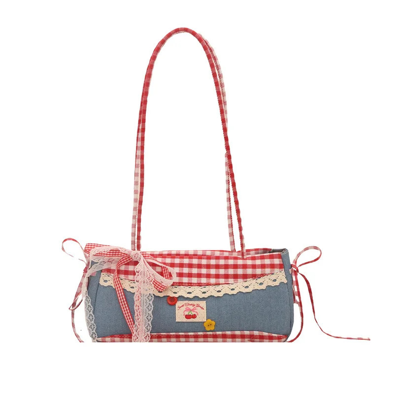 Versatile Lace Bow Plaid Women Shoulder Bags Casual College Girls Denim Underarm Bag Large Capacity Female Square Handbags Tote 251103