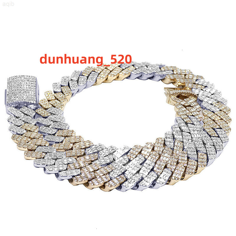 Two-color Heavy 925 Sterling Silver Gold Plated Necklace Hand Setting Emerald Cut 52ct Iced Out Moissanite Cuban Link Chain