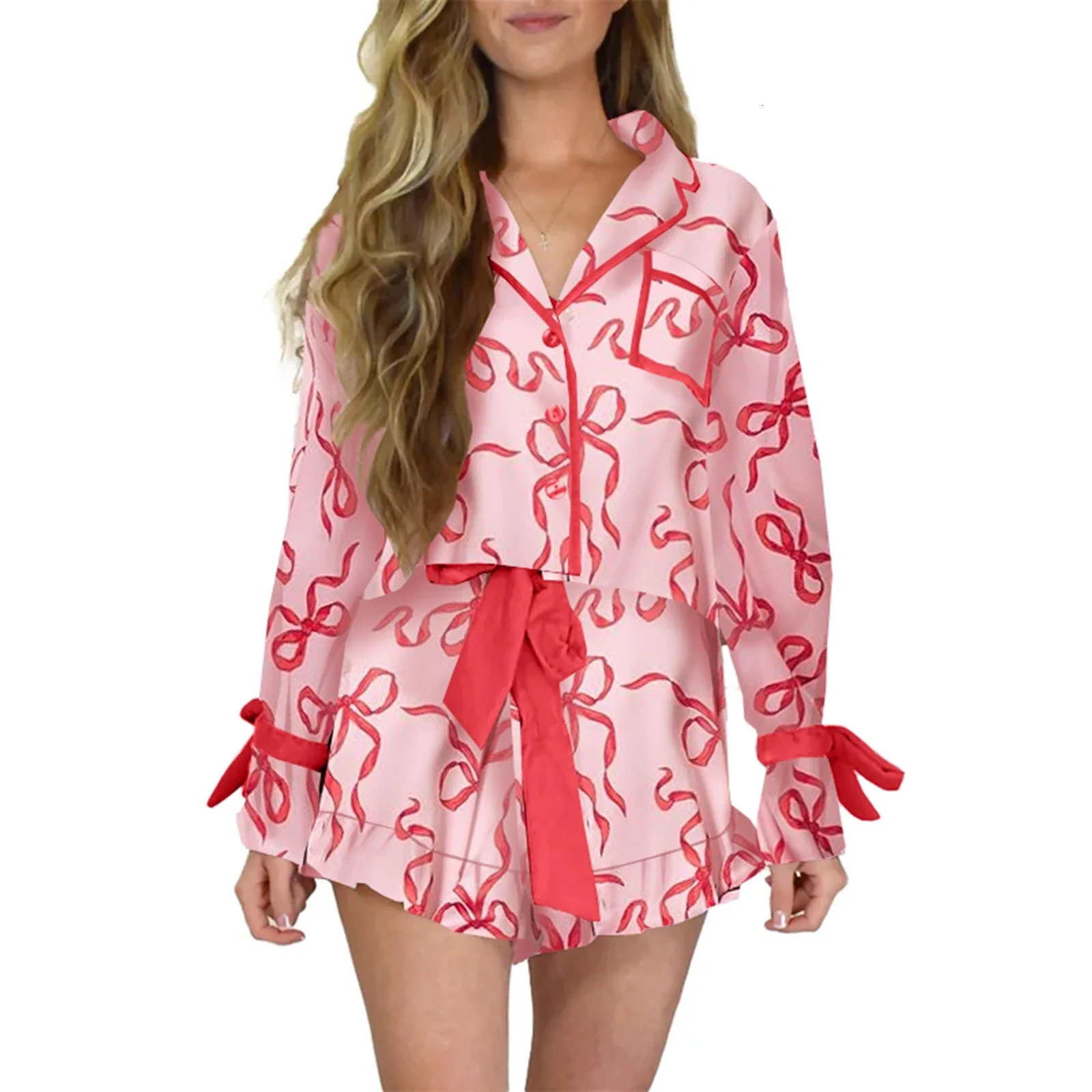 Christmas Pajamas for Women Bow Santa Claus Print Long Sleeve Shirts Ruffle Shorts Lounge Set Xmas 2 Piece Sleepwear 251106
