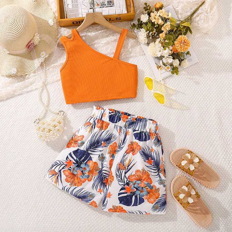 Fashion 8-12 year old childrens and girls clothing set orange asymmetrical suspender and printed mini countryside sled leisure vacation setXJ250410