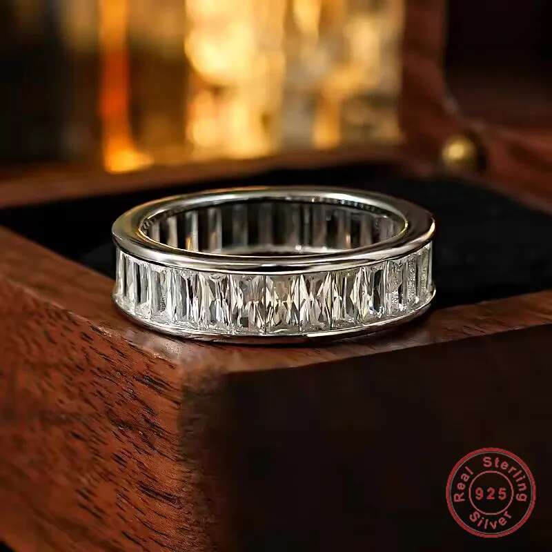 Rulalei Eternity Elegant Wedding Rings Pure 925 Sterling Silver Princess Cut White 7A Zircon CZ Diamond Party Fashion jewelry