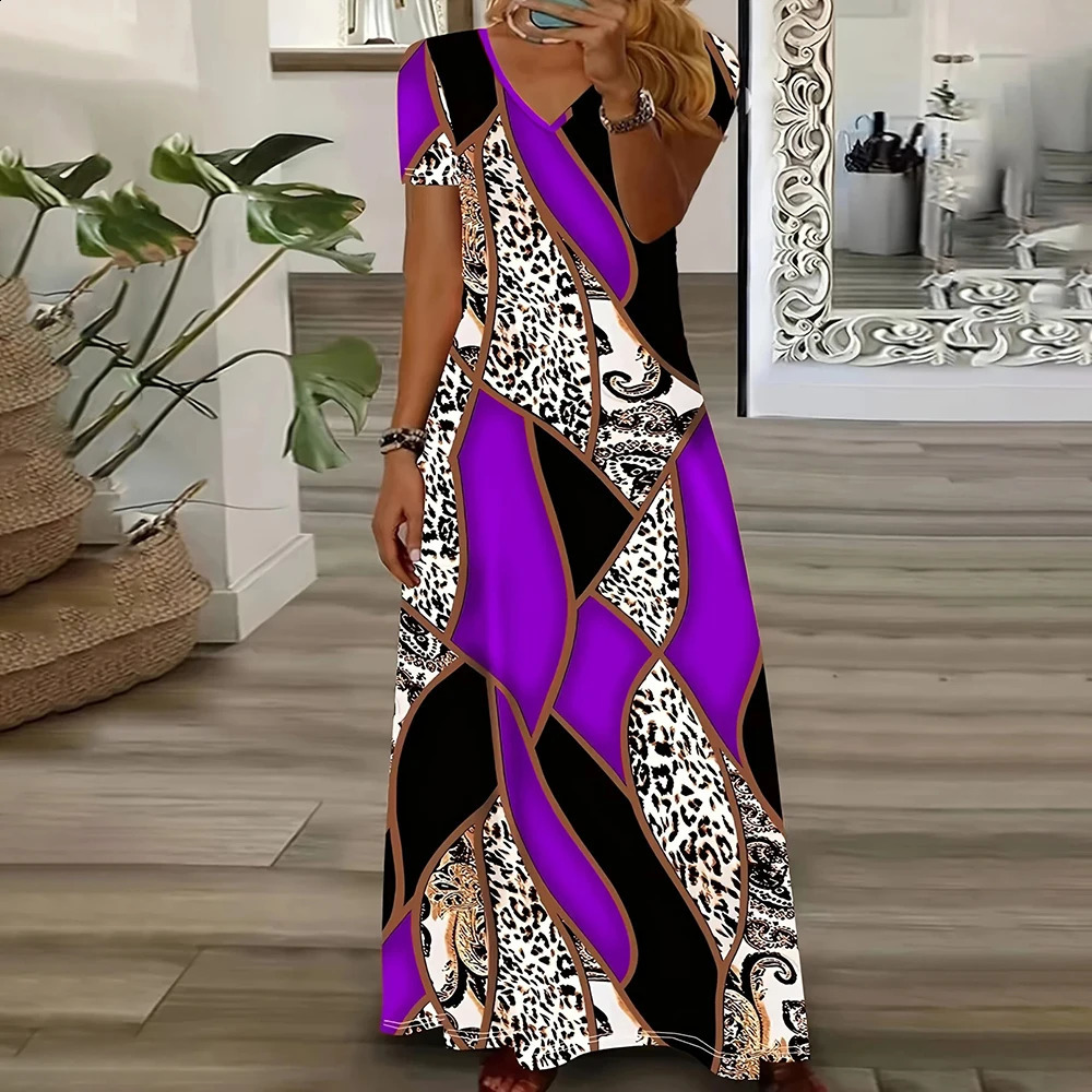 Summer er Patchwork Leopard Print Womens Dresses Plus Size Elegant Dresses Long Dresses Female Fashion Womens Cloth 250410