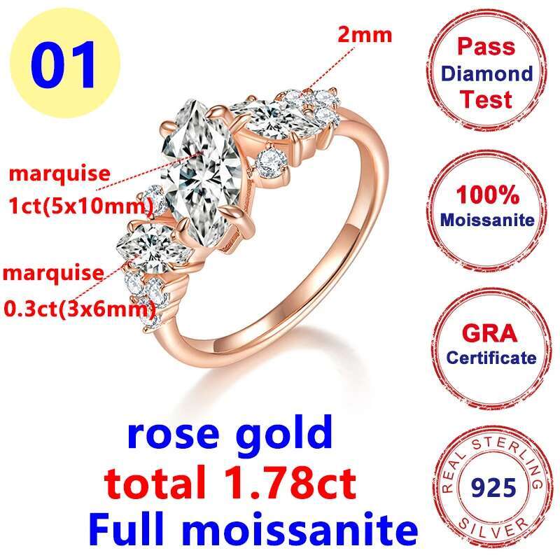 Marquise Moissanite Diamond Ladys Rins 925 Sterling Sliver Plated 18K Fashion Horse Eye Irregular Symmetrical Ring for Women
