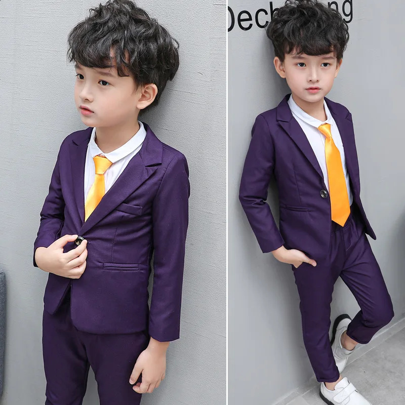 Kids Purple BlazerPants 2PCS Set Boys Pography Suit Childrens Formal Tuxedo Dress Baby Boys Party Ceremony Piano Costume 250410