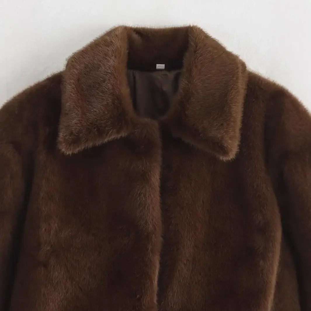 Loose Brown Faux Fur Collar Jacket Short Outerwear Womens Fashion Autumn Style Artificial Leather Coat Full Sleeve 251105