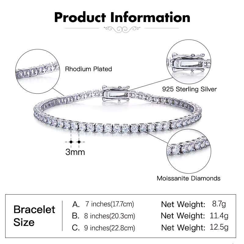 GSMB RINNTIN 925 Sterling Silver Moissanite Tennis Bracelet