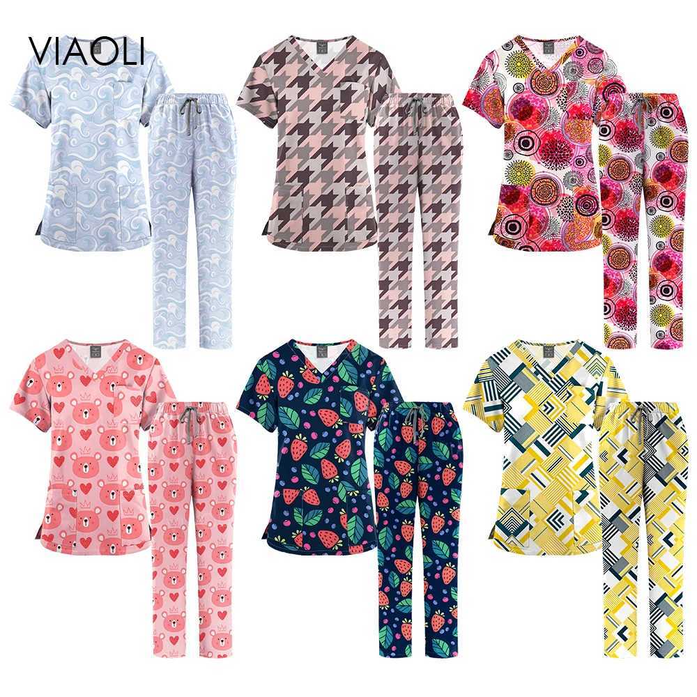 Hot selling multi-color fashionable printed womens frosted top and pants set medical uniform frosted nurse doctor laboratory work uniform surgical gow