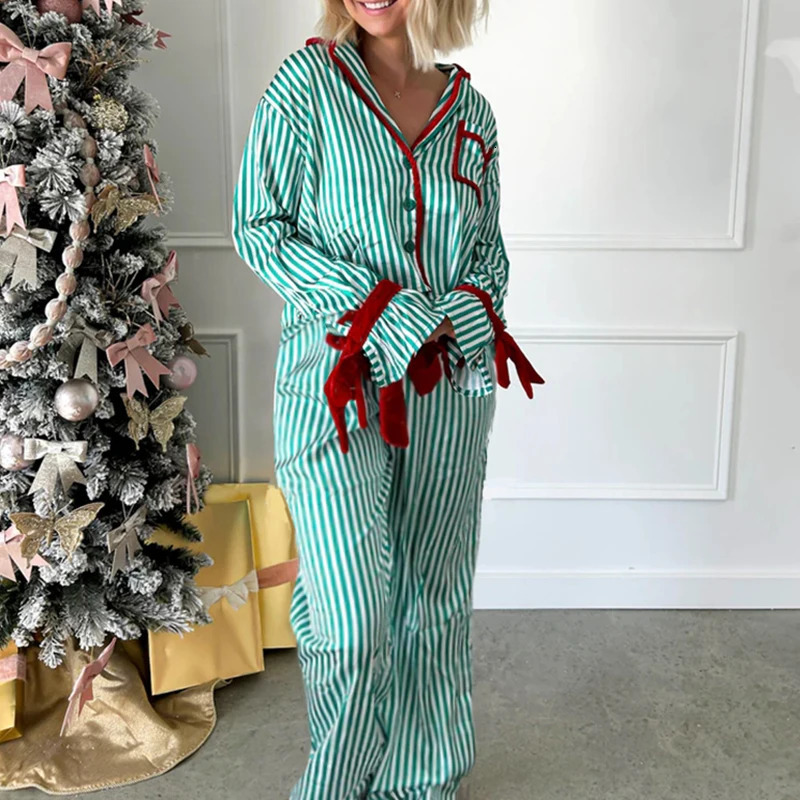 Christmas Pajamas Striped Button Up Crop Blouse Bowknot Long Sleeve Shirt Tops Wide Leg Pants Women Holiday Lounge Sleepwear 251106