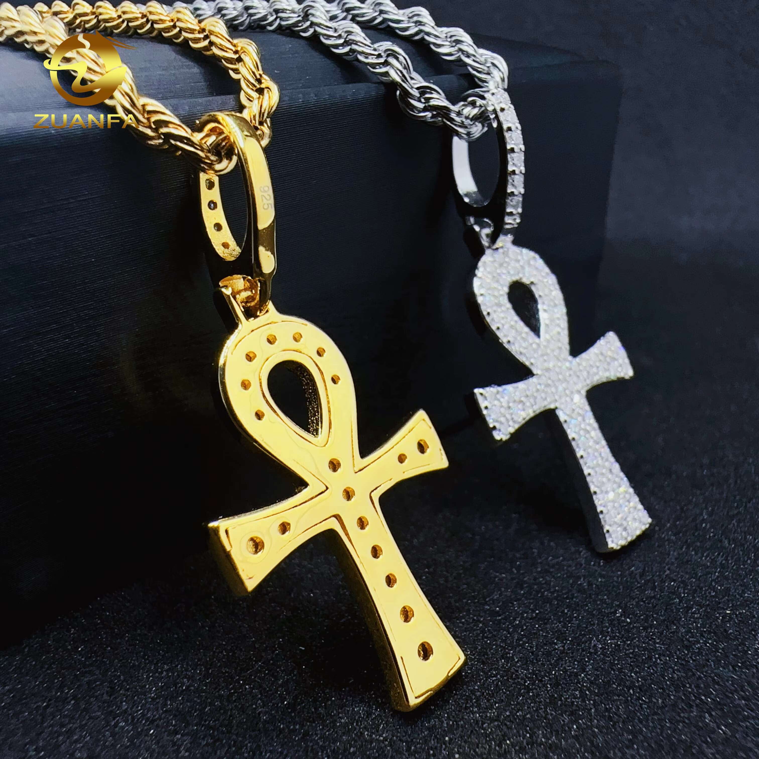 ZUANFA Jewelry 100% Pass Tester Hip Hop 925 Sterling Silver Cross Charm 2rows VVS Moissanite Pendant