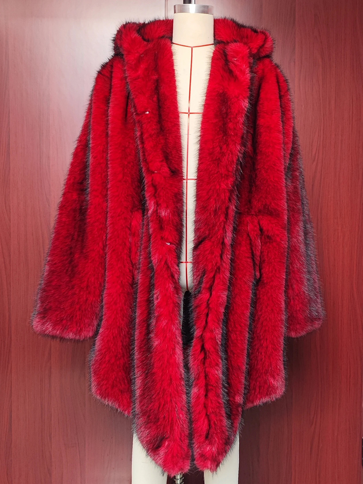 AutumnWinter Long Warm Fluffy Faux Fur Coat Red Mens Long Sleeve High Quality Fluffy Coat 251105