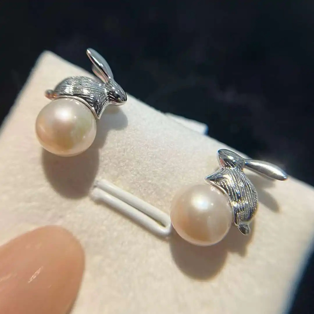 925 sterling silver earrings rabbit earrings 7-8MM natural round freshwater pearl earrings pearl jewelry 250409