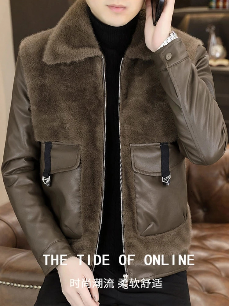 Winter Leather and Fur Integrated Jacket Men Thickened and Warm Faux Fur Jacket Casual Business Social Overcoat Men Clothing 251110