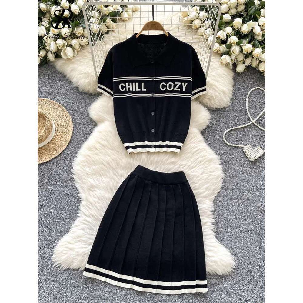 SINGREINY Preppy Style Trendy Suits Single Breasted Letter Design Pullover+High Waist Pleated Skirt 2025 Summer Women Knit Sets