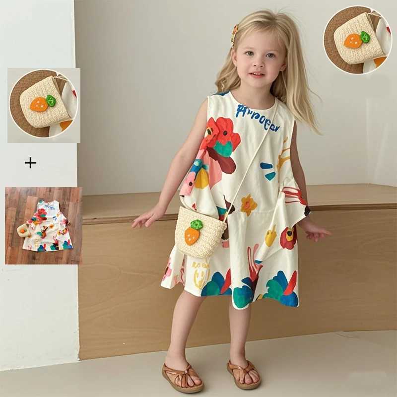 Girl floral print dress+bag 2-piece set 0-8 year girl summer clothing 2025 new arrival baby princess belt dressXJ250410
