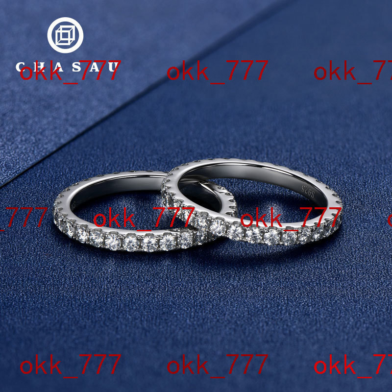 Chasau Romantic Wedding Engagement Custom Jewelry Womens Full Eternity 925 Sterling Silver Round Cut 2mm 0.03ct Moissanite Ring