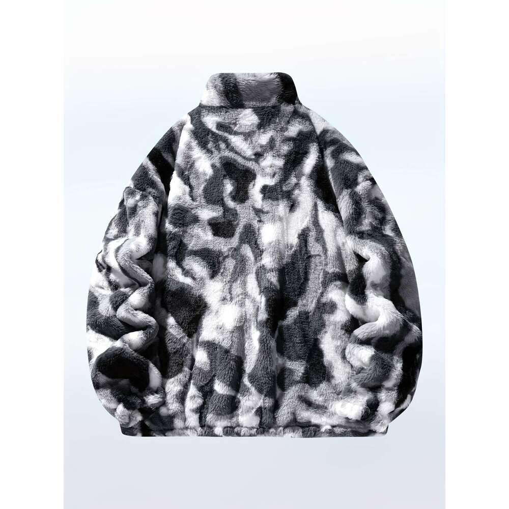 Women's Plush Fleece Jacket, Soft Pink Brown Marbled Texture Hooded Coat With Detachable Patch, Casual Winter Outerwear For Everyday & Formal Eve