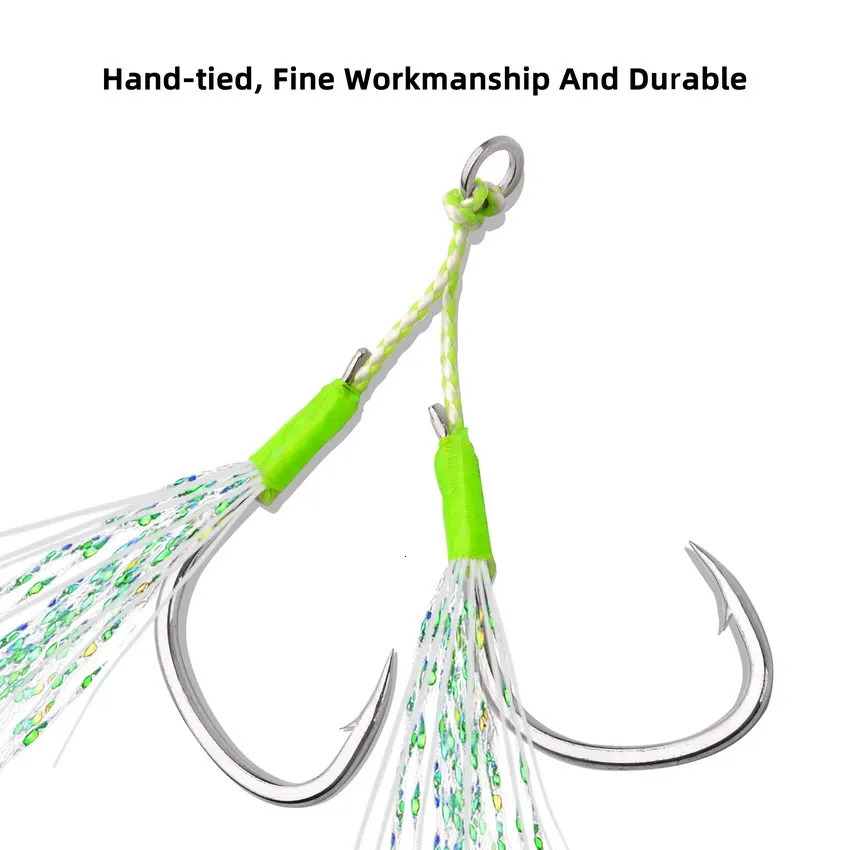 5PCS Jig Assist Hooks High Strength Stainless Steel Line Luminous Tube Feather Solid Ring Jigging Fishhook Boat Fishing Hooks 251103