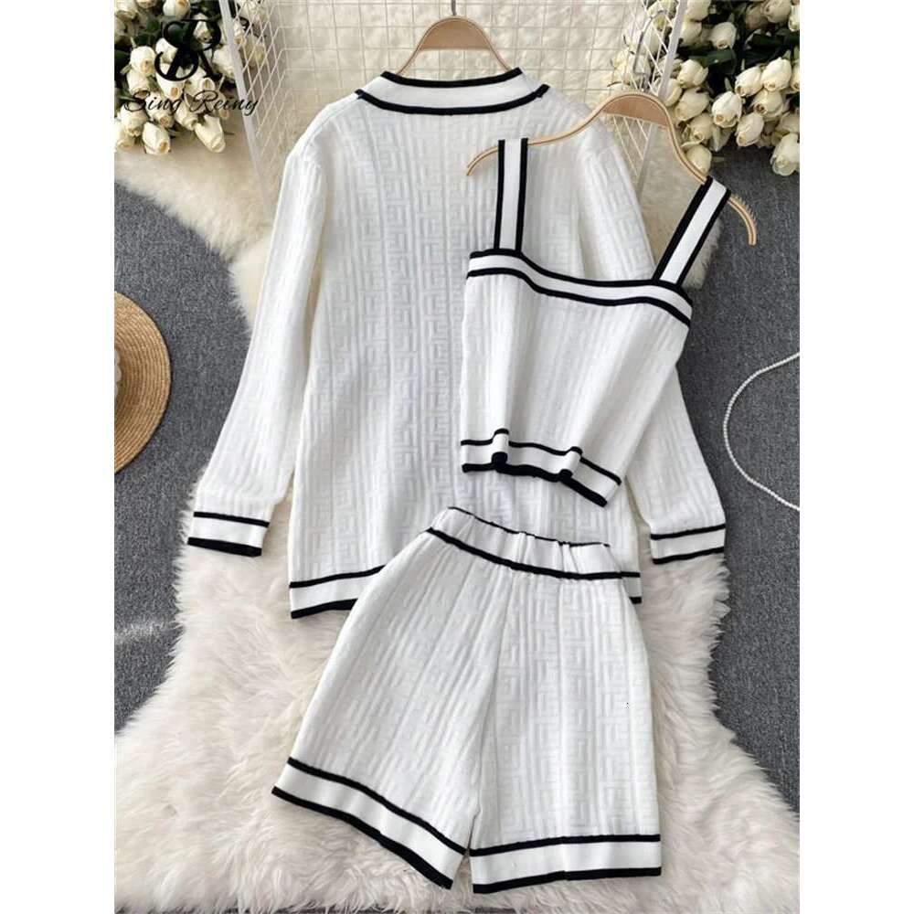 SINGREINY Autumn Knitwear 3Pc Sets Long Sleeves Cardigan+Single Breasted Spaghetti Strap+High Waist Elastic Shorts Casual Suits