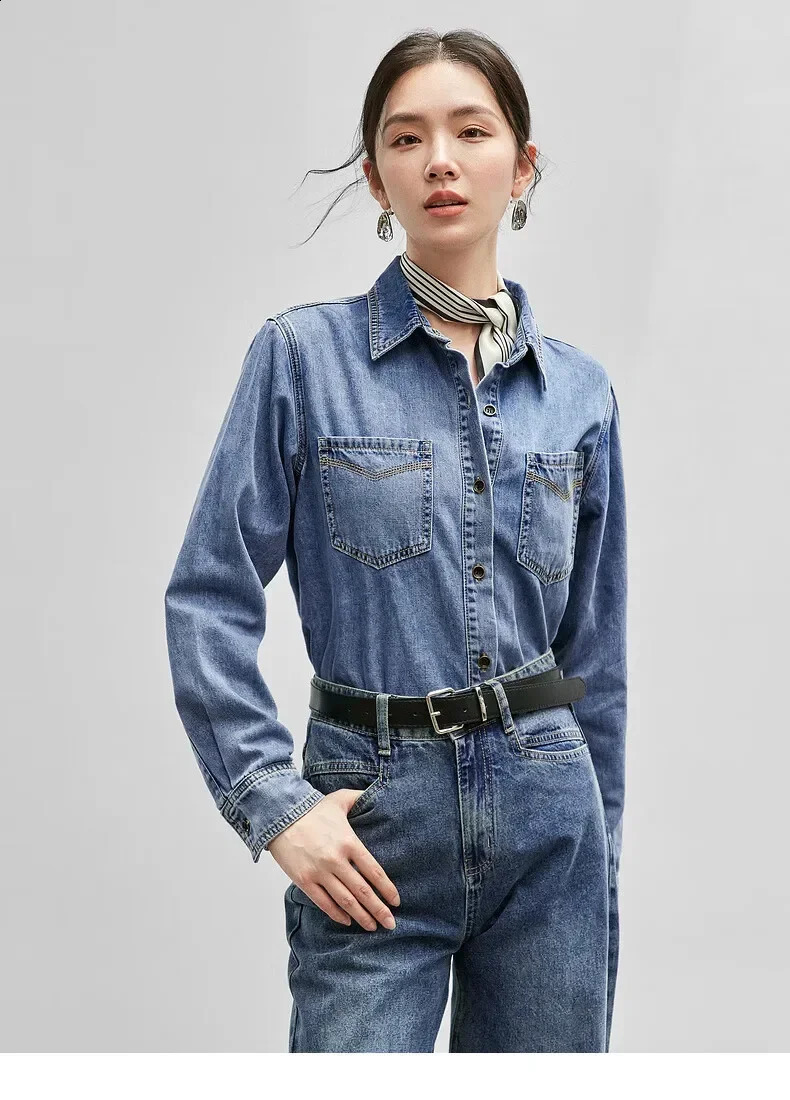 SENTUBILA Retro Cotton Denim Womens Shirt Spring 2025 Wash Collar Single Chest Comfortable Casual W43C56147 250411e