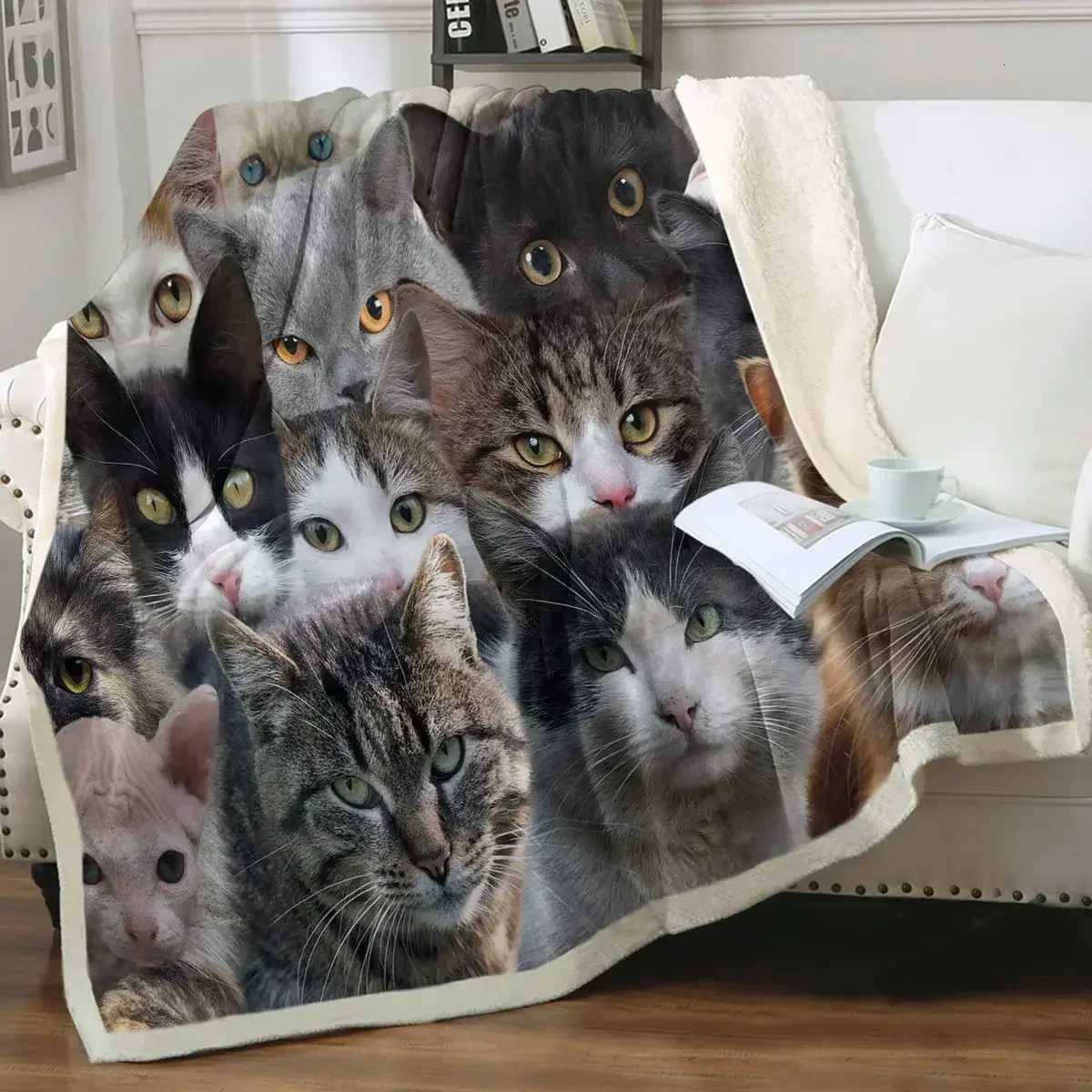 Grey and White Cats Blanket Plush Sherpa Flannel Throw Blankets for Couch Sofa Super Soft Blanket Bedroom TV Throw Blanket Full C251111
