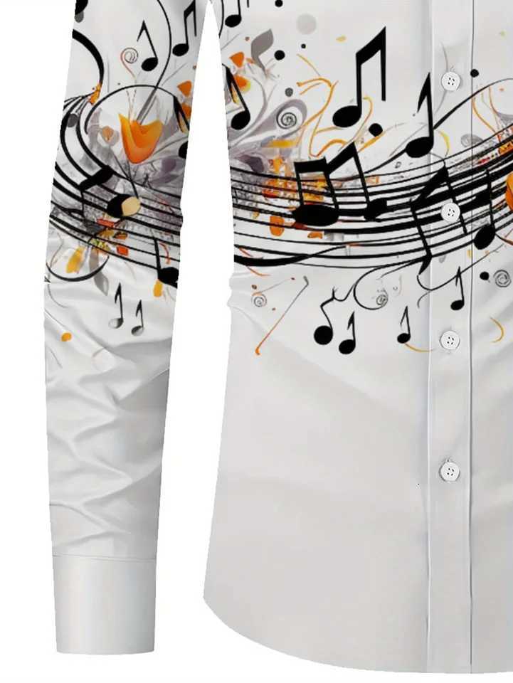 Mens Boho Chic Note Print Shirt Black Orange Music Design Button Up Long Sleeve Regula K251110