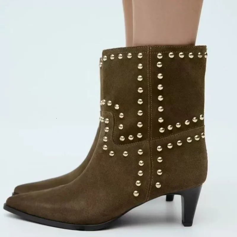 Spring/Autumn Retro Womens Shoes Brown Studded Suede Thin Heel Pointed Toe Booties Knight Boots 251110