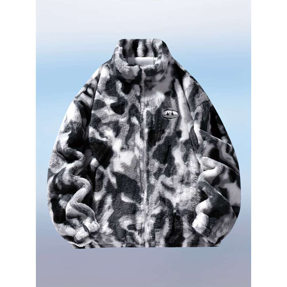 Women's Plush Fleece Jacket, Soft Pink Brown Marbled Texture Hooded Coat With Detachable Patch, Casual Winter Outerwear For Everyday & Formal Eve